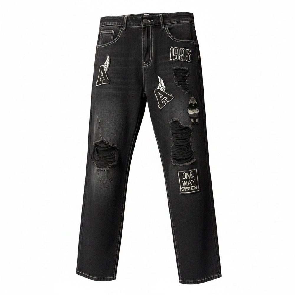Shein Distressed Jeans Men’s Size Med (32x29) Black Denim Graphics Patches Rips